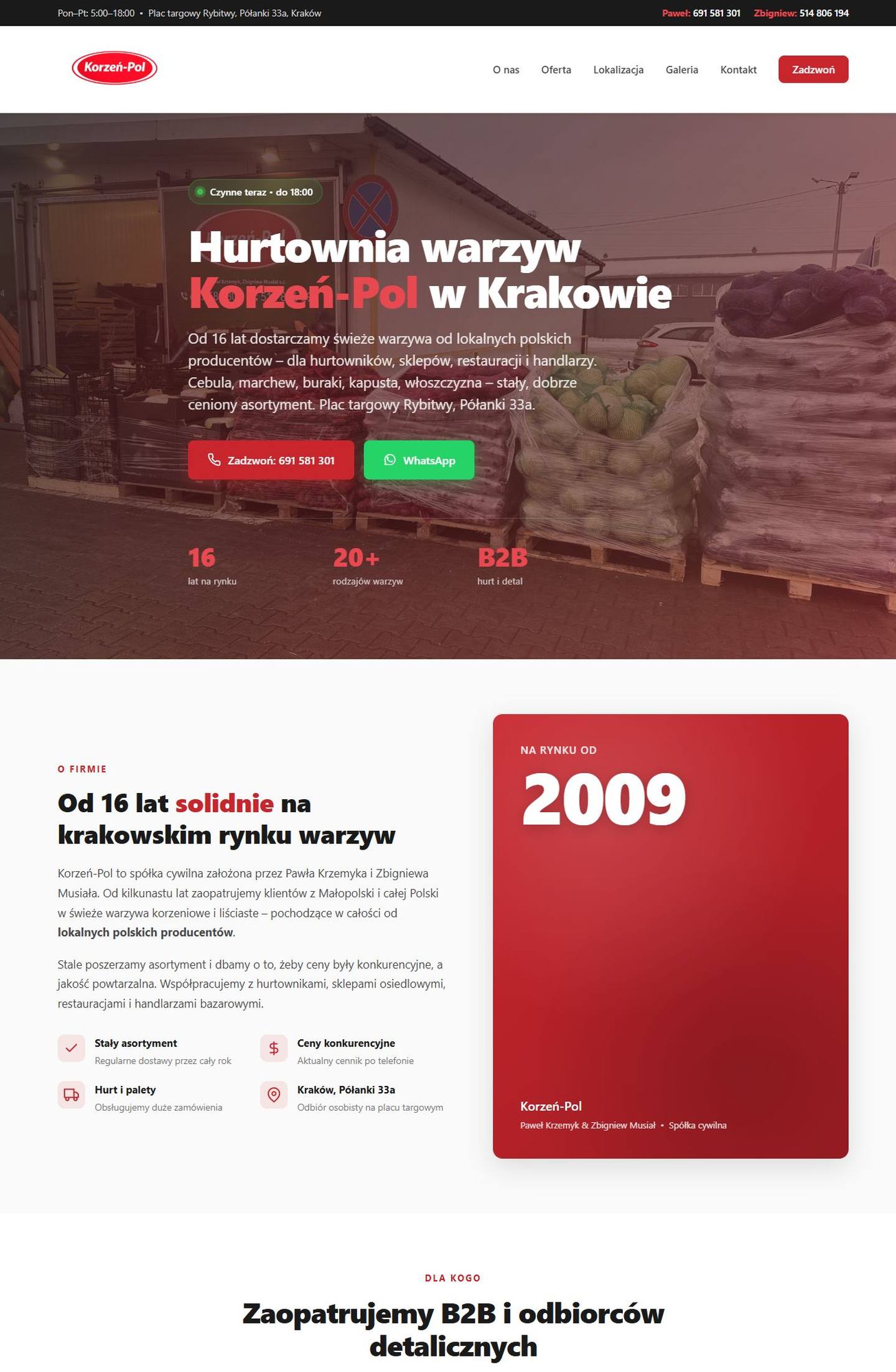 Strona internetowa korzen-pol.pl — hurtownia warzyw, Kraków
